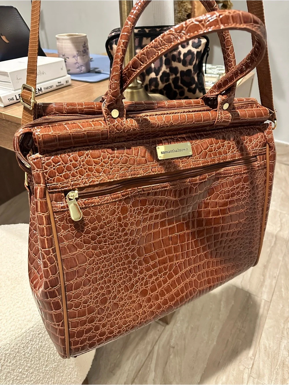 Brown Croc-Embossed Satchel Bag